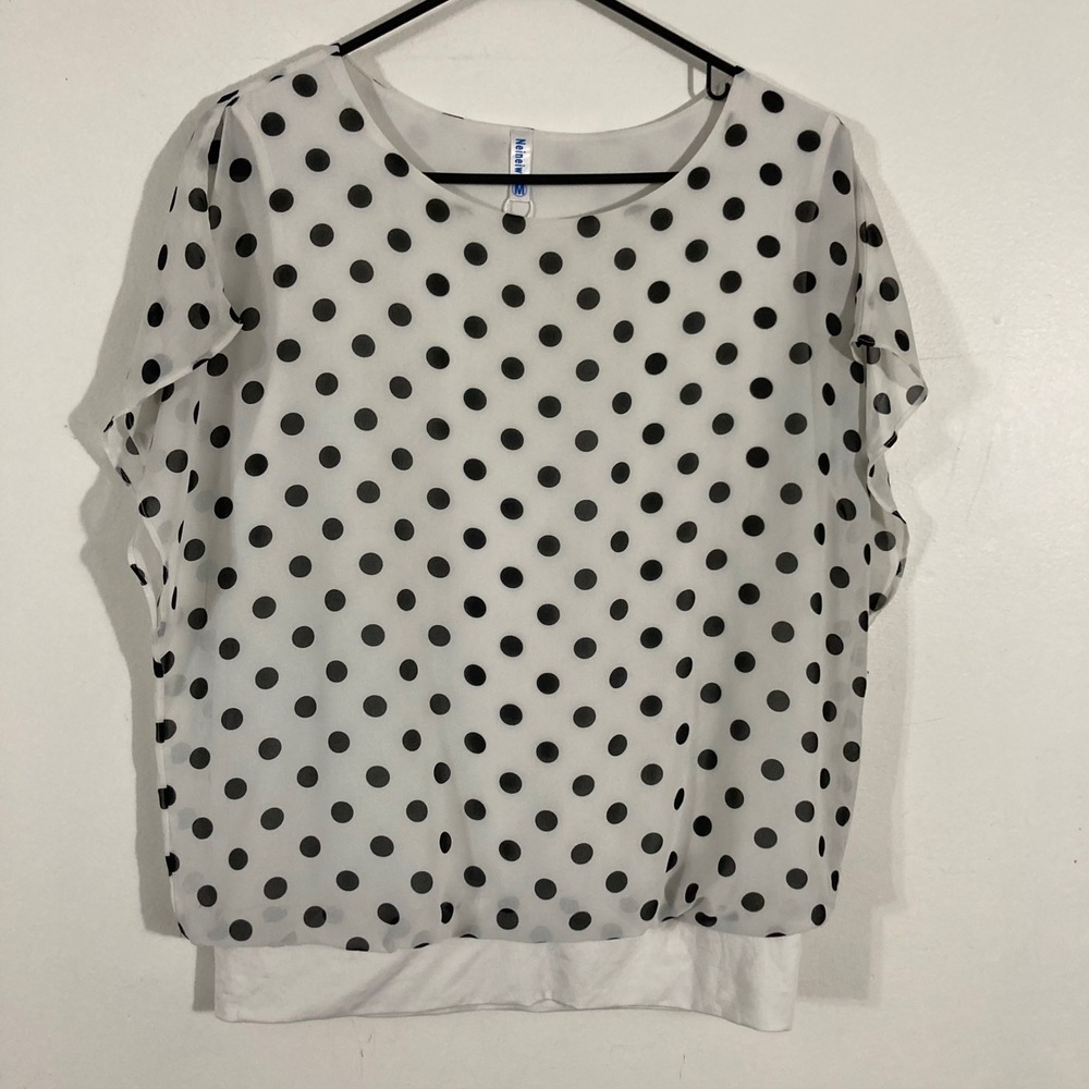 Neiniewu Blouse Womens Medium White Black Polka Dot Flutter Sleeve CHIC